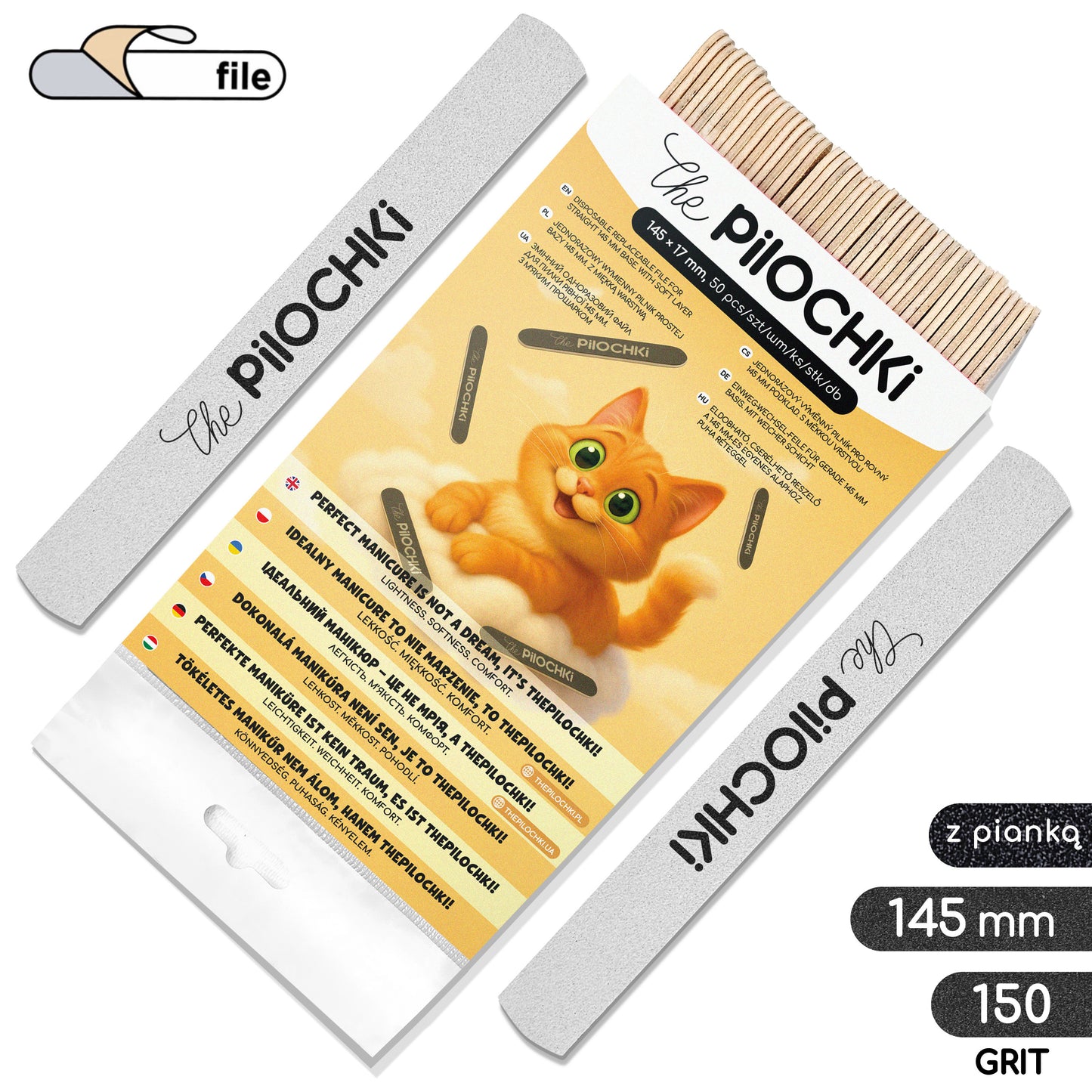 Wymienne pilniki 150 grit 50 szt., białe, na miękkiej bazie, proste 145 mm - ThePilochki