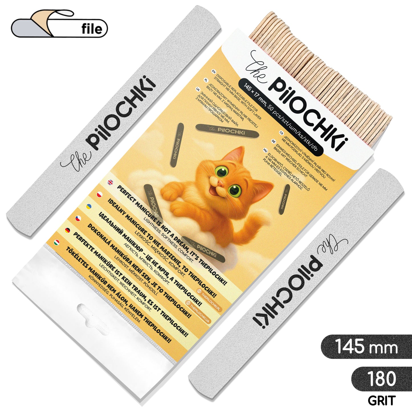 Wymienne pilniki proste 145 mm na miękkiej bazie, białe, 180 grit, 50 szt.